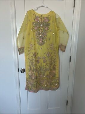 Embroidered Yellow organza shalwar Kameez